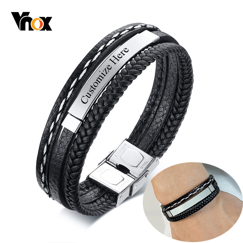 Embroidery Alphabet - Vnox-pulseras de cuero multicapa con logotipo