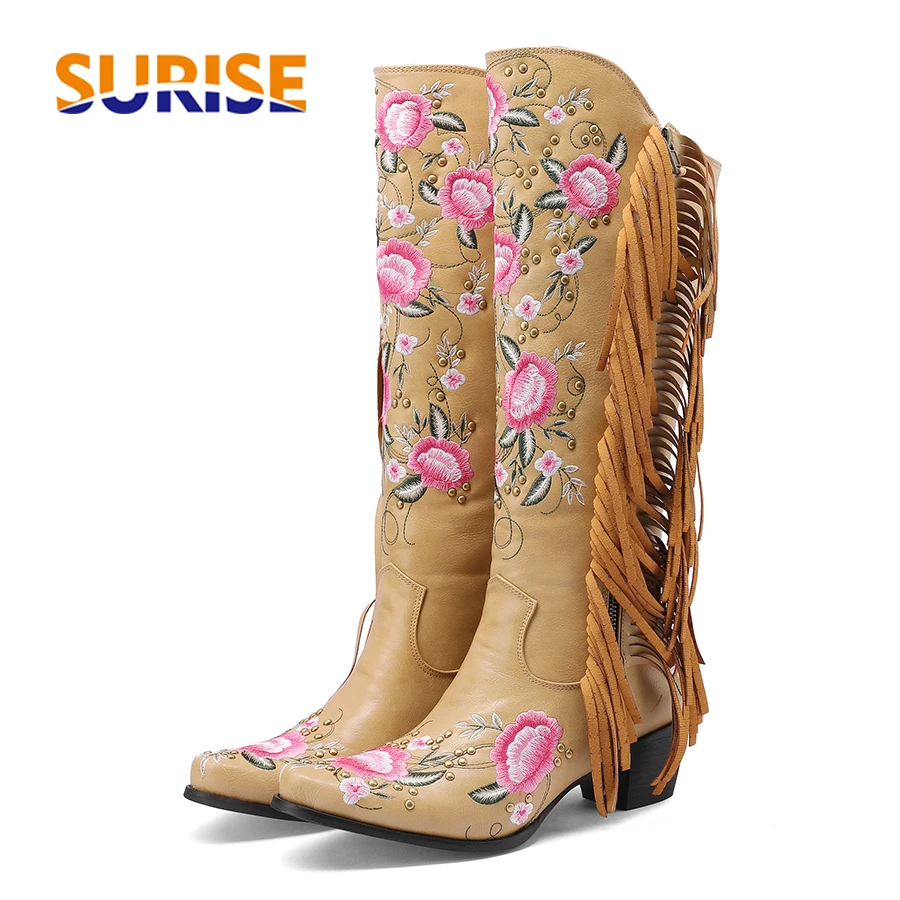 Embroidery Flower - Botas hasta la rodilla occidentales con