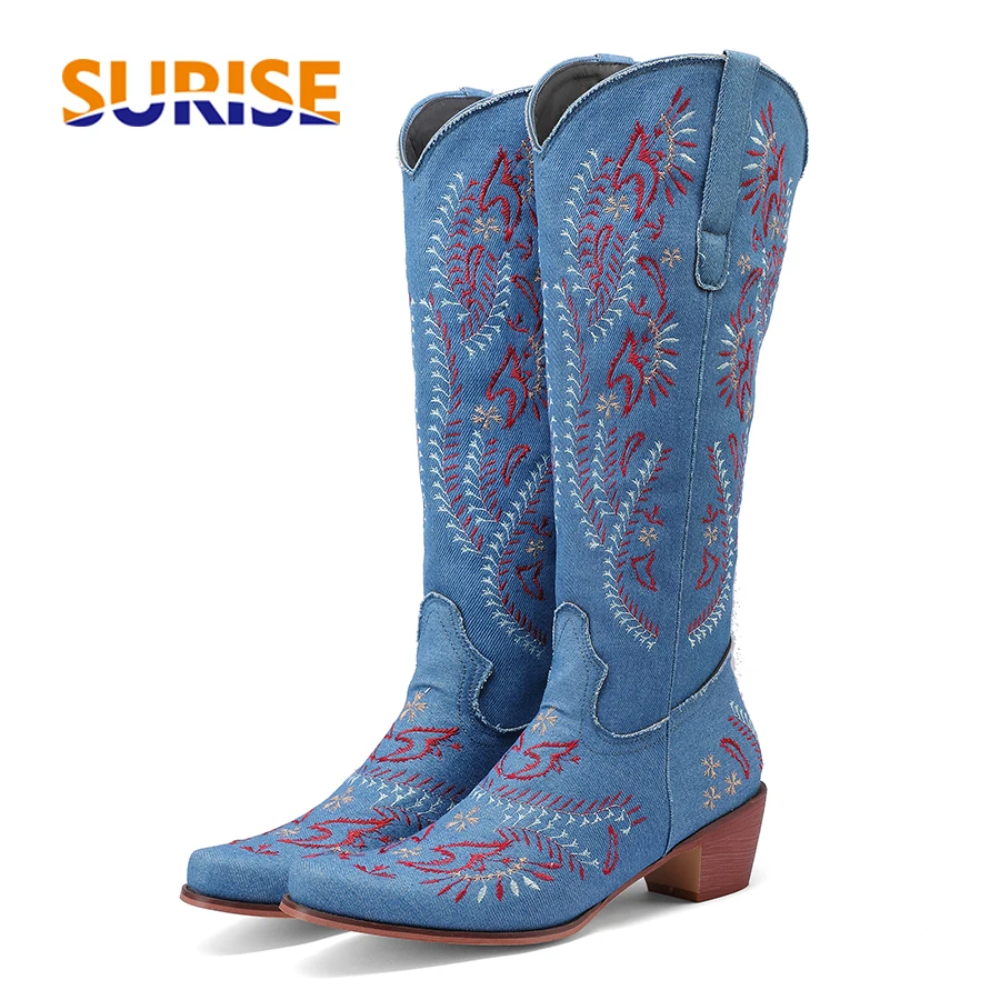 Embroidery Flower - Botas vaqueras azules de vaquera occidental
