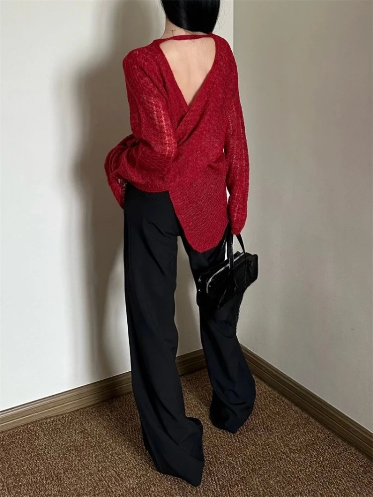 Embroidery Knit - Camiseta de punto transparente Y2K para